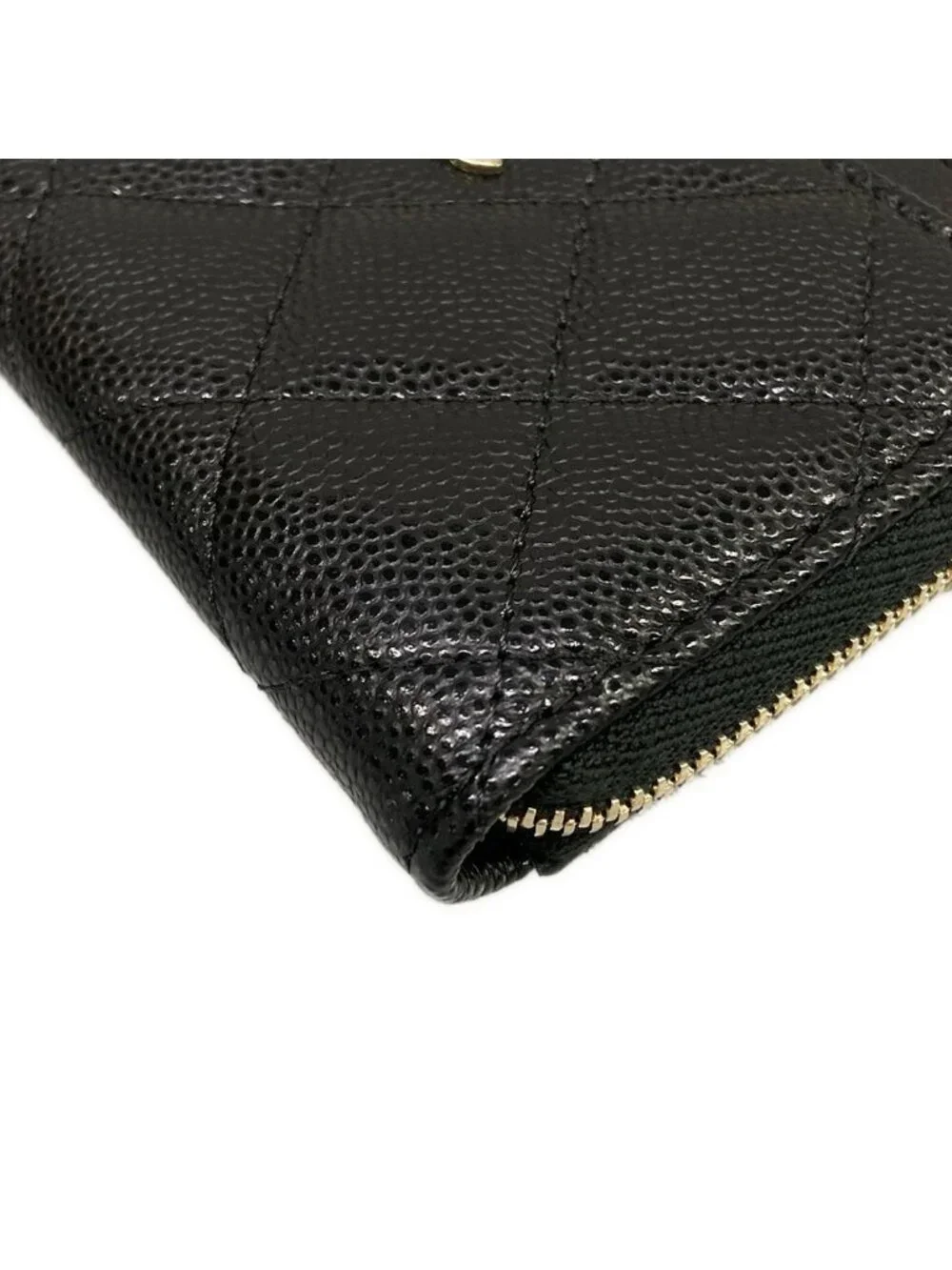 Chanel Coin Case Quilted Black L-shaped Zipper Champagne Gold